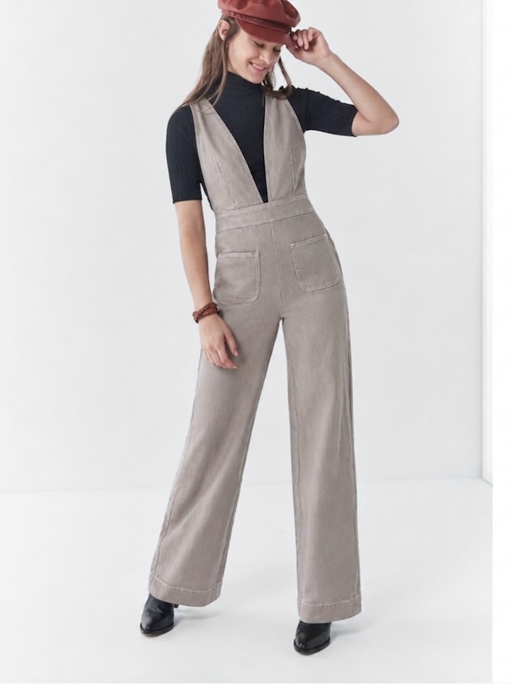 Dollhouse Cotton Blend Overall Jumpsuit Deep V-Neck Gray Taupe Size 3/4